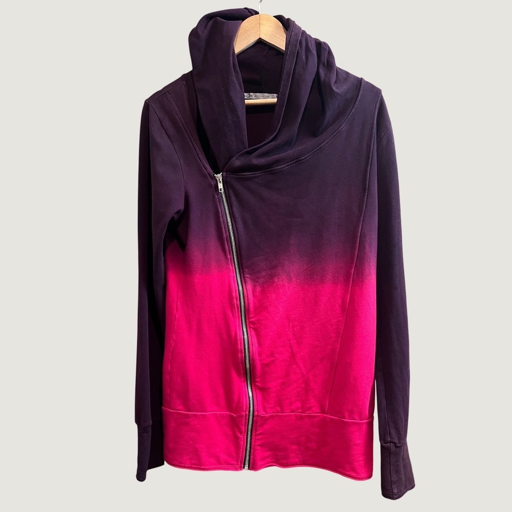 LVR Asymmetric Zip Hoodie Womens L Purple Pink Ombre Organic Cowl Neck Thumbhole